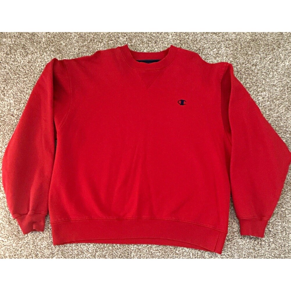 Champion Men's Red Crew Neck Pullover Sweatshirt Logo Long Sleeve Regular L